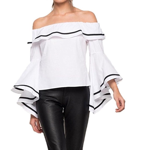 Women off shoulder sleeve ruffled top blouse - Picture 6 of 8